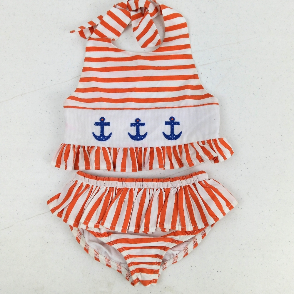 Kelly's Kids Baby Girl 2pc Nautical Swimsuit Size 18 Month Orange White Stripe